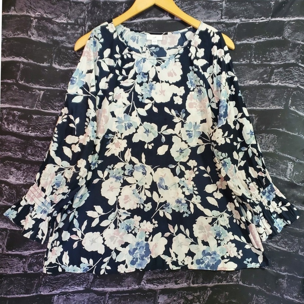 J. Jill Floral Cold Shoulder Blouse Womens‎ Size Large L Blue Smocked Cuff Top
